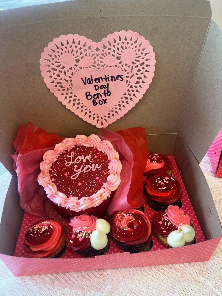 valentines day box with cake and cupcakes